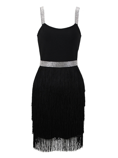 Club Dress For Women V-Neck Sexy Fringe Sleeveless Polyester Two-Tone Backless Black Sexy Dress