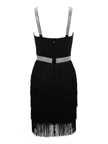 Club Dress For Women V-Neck Sexy Fringe Sleeveless Polyester Two-Tone Backless Black Sexy Dress