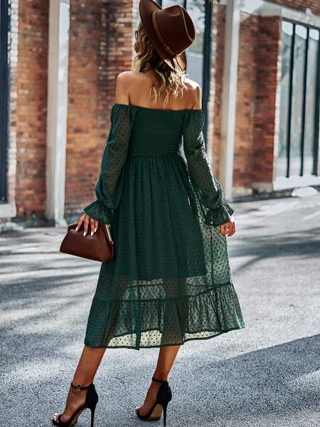 Pleated Polyester Long Sleeves Midi Dress
