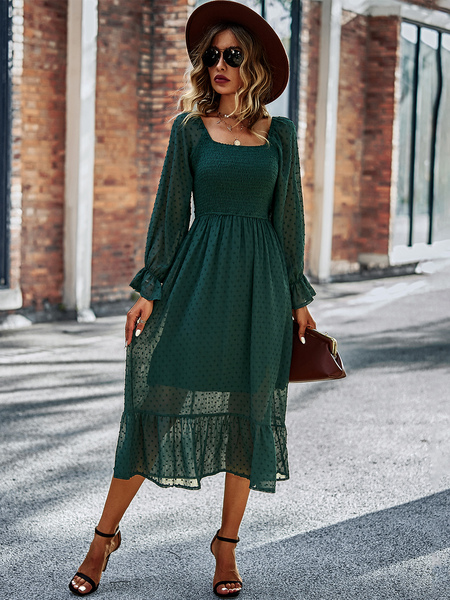 Pleated Polyester Long Sleeves Midi Dress