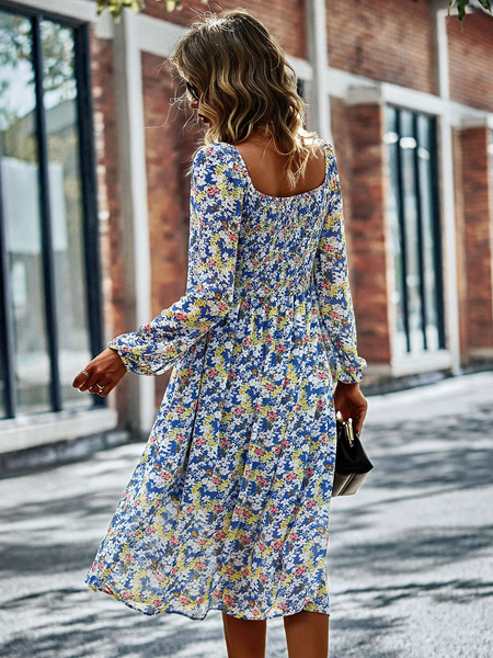 Boho Dress Square Neck Long Sleeves Floral Print Pleated Summer Dress