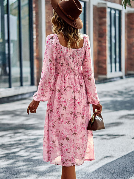 Boho Dress Square Neck Long Sleeves Floral Print Pleated Summer Dress