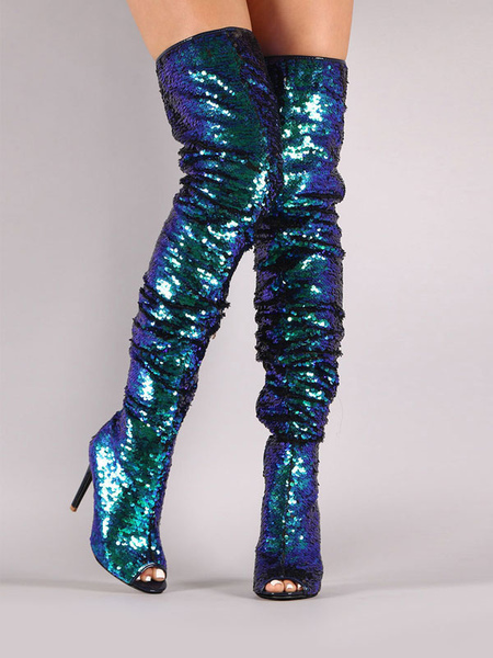 milanoo.com Thigh High Boots Sequined Over Knee Boots Peep Toe High Heel Sexy Boots
