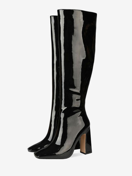 milanoo.com Knee-High Boots Leather Black Square Toe Chunky Heel High Heel Knee Length Boots For Women