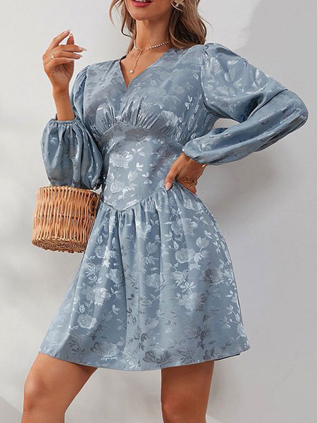 Mini Dresses Blue Gray Printed Long Sleeves Pleated Polyester Short Dress