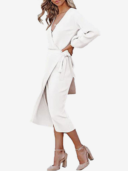 Polyester Casual V-Neck Long Sleeves Midi Dress