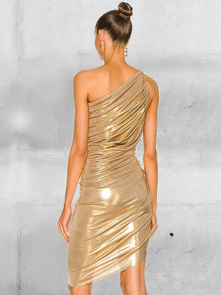 Party Dresses Gold Designed Neckline Pleated Sleeveless Asymmetrical Semi Formal Dress