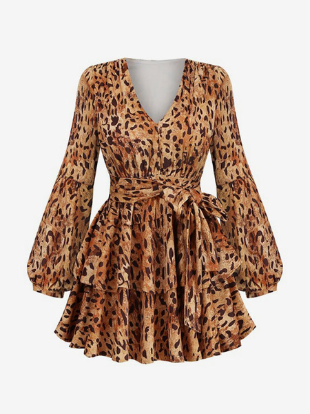 Party Dresses Coffee Brown V-Neck Long Sleeves Leopard Print Semi Formal Dress