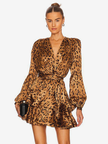 Party Dresses Coffee Brown V-Neck Long Sleeves Leopard Print Semi Formal Dress