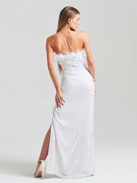 Party Dresses White Strapless Feathers Sleeveless High-slit Semi Formal Dress