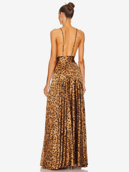 Party Dresses Coffee Brown Cowl Neck Sleeveless Leopard Print Semi Formal Dress