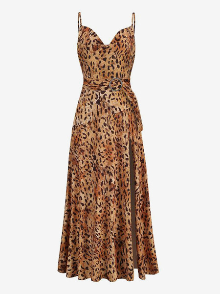 Party Dresses Coffee Brown Cowl Neck Sleeveless Leopard Print Semi Formal Dress