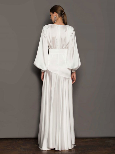 Party Dresses White V-Neck Long Sleeves High-slit Semi Formal Dress