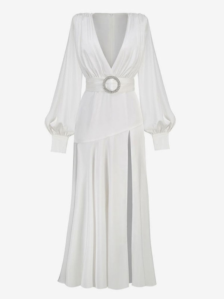 Party Dresses White V-Neck Long Sleeves High-slit Semi Formal Dress