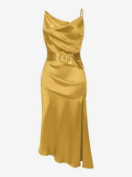 Party Dresses Gold Cowl Neck Sleeveless Asymmetrical Semi Formal Dress