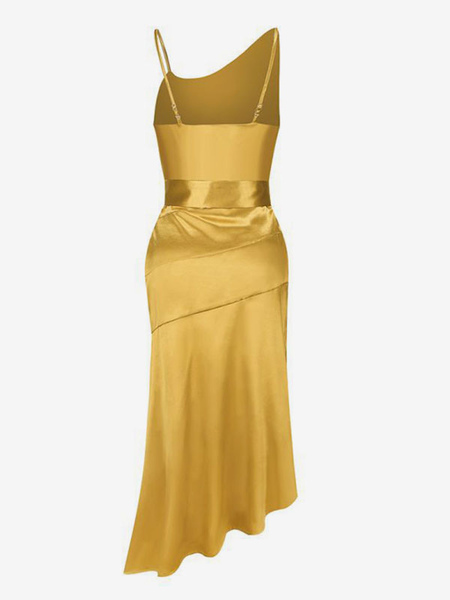 Party Dresses Gold Cowl Neck Sleeveless Asymmetrical Semi Formal Dress