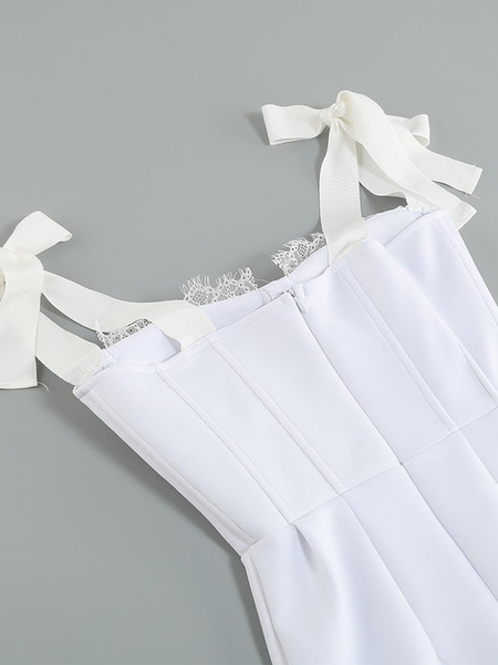 Party Dresses White V-Neck Lace Sleeveless Semi Formal Dress