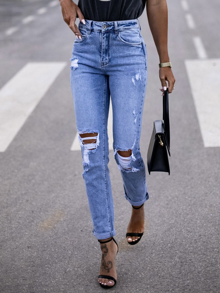Image of Jeans strappati Pantaloni casual da donna in cotone a vita alta 2024