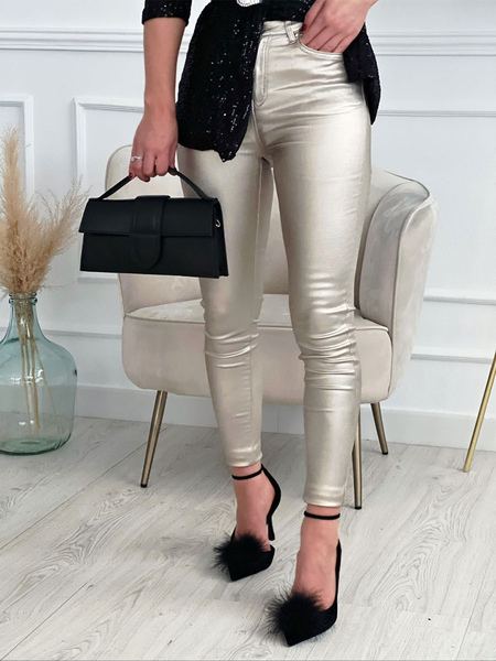 Image of Pantaloni argento per donna Leggings skinny in ecopelle a vita alta