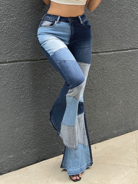 Image of Jeans da donna Pantaloni a zampa di cotone geometrici casuali