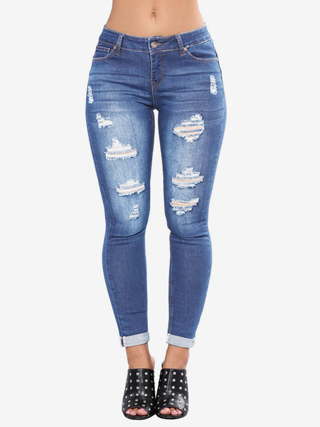 Image of Jeans da donna Moderni pantaloni skinny in cotone effetto consumato