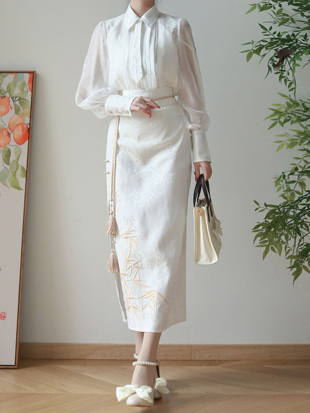Image of Sweet Lolita Outfit Tuta a maniche lunghe jacquard bianca