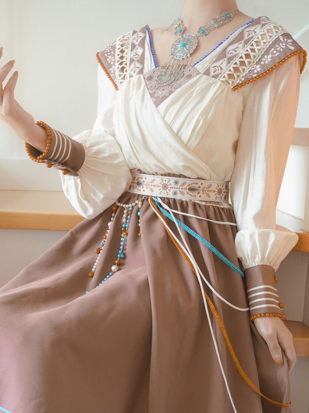 Image of Abiti Lolita in stile cinese Catene marrone chiaro Accessorio per abito a maniche lunghe jacquard