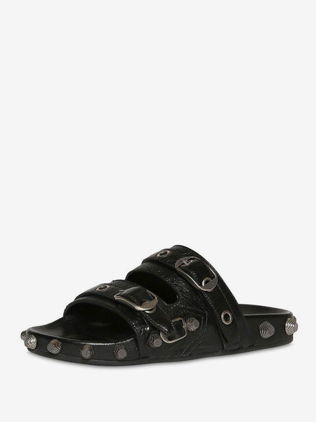 Image of Sandalo da uomo Sandali neri con punta aperta Rivetti Dettaglio in metallo Slip On Slide Sandali