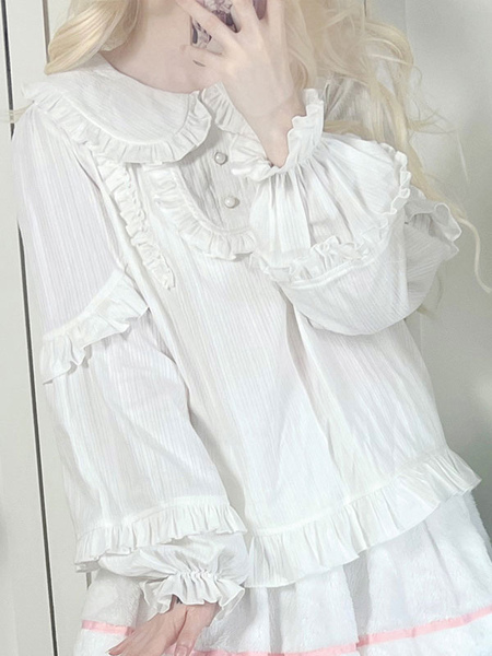 Image of Camicette Sweet Lolita Ruffles Lolita Top Camicetta a maniche lunghe Camicia Lolita bianca