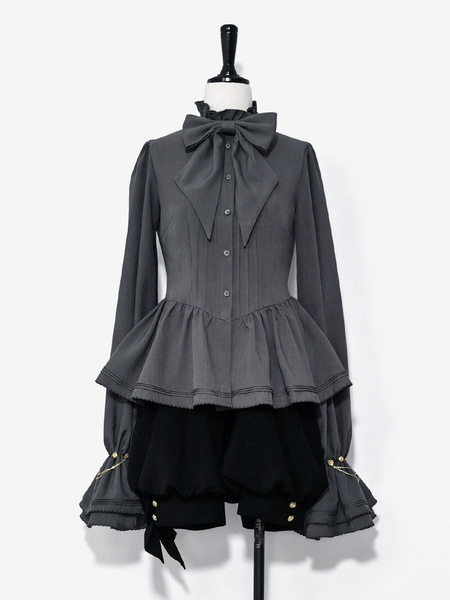 Image of 【Pre-vendita】 Camicette alla moda Gothic Lolita Ouji Camicia a maniche lunghe grigia con scollo a volant