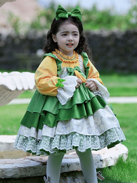 Image of Abito da autunno in cotone a maniche lunghe con fiocchi da tea party in poliestere Abiti Lolita per bambini verdi in stile ROCOCO