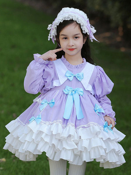 Image of Abiti Lolita per bambini in cotone a maniche lunghe con fiocchi in poliestere Tea Party