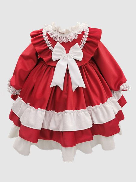 Image of Poliestere Daily Casual Bows Maniche lunghe Abito autunnale in velluto Stile ROCOCO Abiti Lolita per bambini rossi