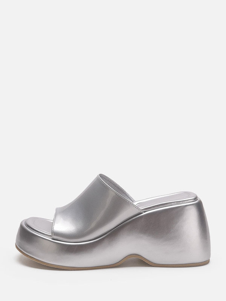 Image of Silver Sandal Slides Silver Metallic Platform Slip-On Mules