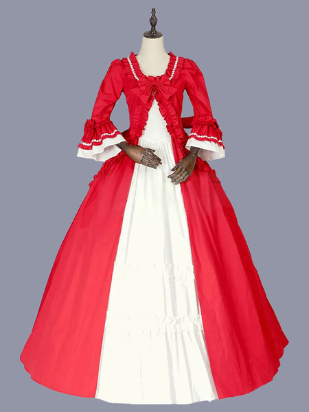 Image of Costumi retrò rossi Fiocchi da donna Costume da Maria Antonietta in poliestere Abito a tunica Abito da ballo in maschera retrò