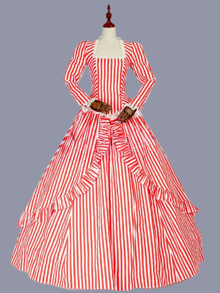 Image of Costumi retrò rossi Ruffles Poliestere Marie Antoinette Costume Stripes Dress Women&#39;s Retro Tunica Party Prom Dress