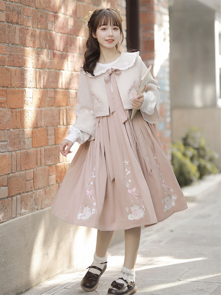 Image of Sweet Lolita Outfit Maglione soprabito a maniche lunghe con fiocchi ricamati rosa