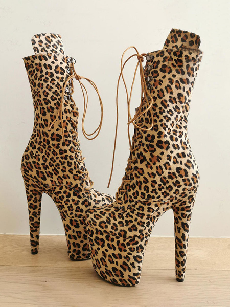 Image of Stivali sexy con tacco alto Stivali leopardati con punta tonda con cerniera e fibbia