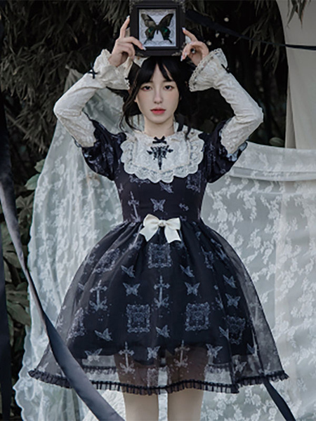 Image of Abiti Gothic Lolita con fiocchi in pizzo con motivo a farfalla nero nero