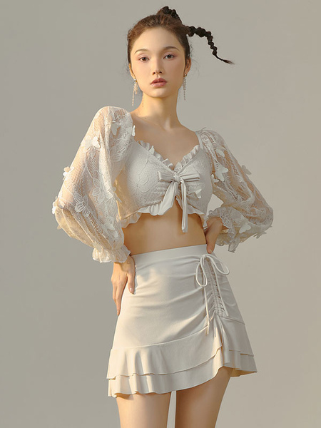 Image of Sweet Lolita Outfit Ecru White Ruffles Farfalla Top a maniche lunghe Pantaloni