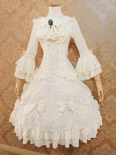 Image of Abito da sposa Lolita Lolita SK Gonne Lolita con fiocchi in pizzo bianco ecru