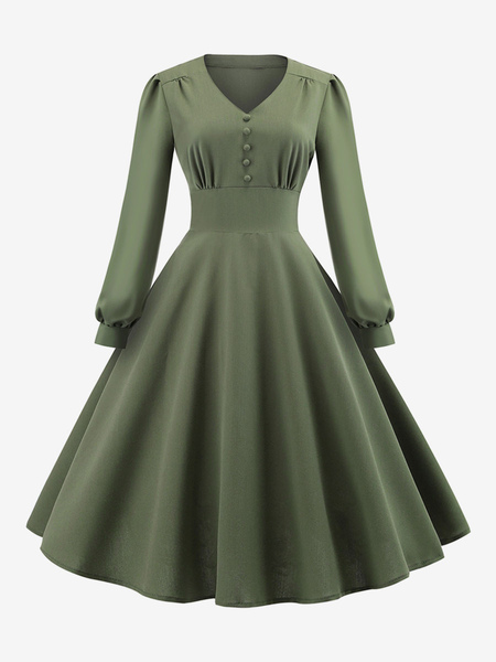 Image of Abito vintage anni &#39;50 stile Audrey Hepburn con scollo a V a strati maniche lunghe abito medio oscillante