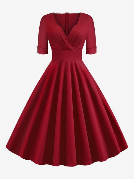 Image of Abito vintage anni &#39;50 stile Audrey Hepburn abito rockabilly a maniche corte a strati rossi con scollo a cuore
