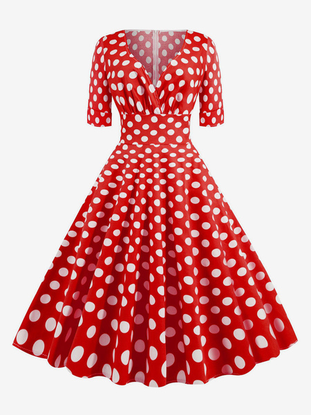Image of Abito vintage anni &#39;50 stile Audrey Hepburn abito a maniche corte con scollo a V a pois rosso