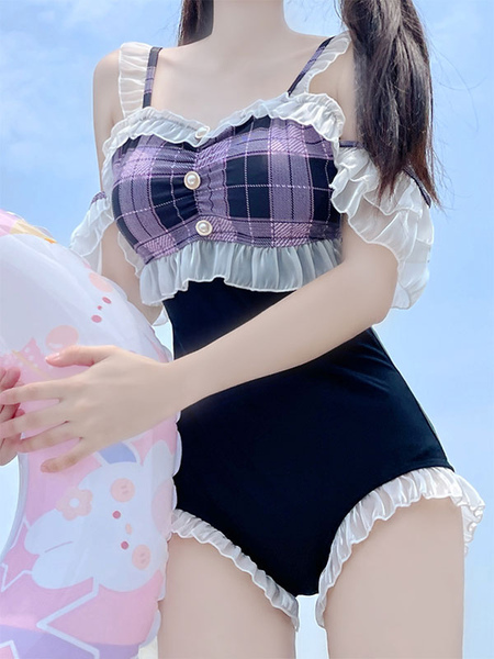 Image of Sweet Lolita Outfit Tuta senza maniche scozzese nera con volant