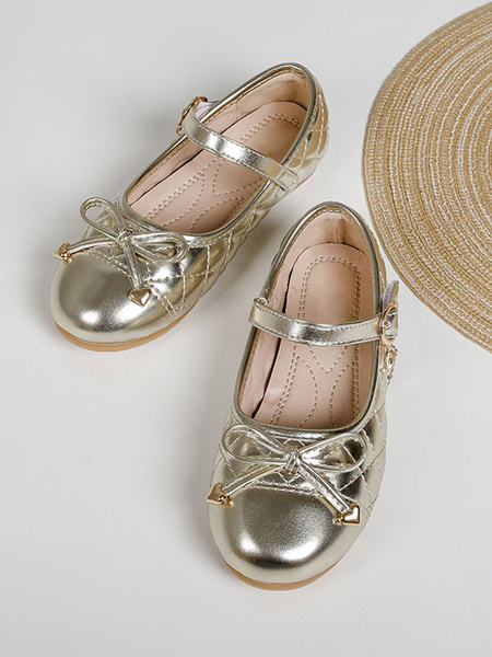 Image of Flower Girl Shoes Scarpe da festa con fiocchi in pelle PU oro per bambini