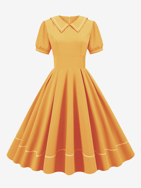 Image of Abito vintage anni &#39;50 stile Audrey Hepburn giallo maniche corte colletto rovesciato abito medio oscillante