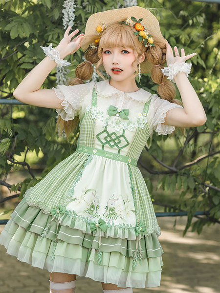 Image of Sweet Lolita Outfit Grembiule maglione a maniche corte con fiocco verde