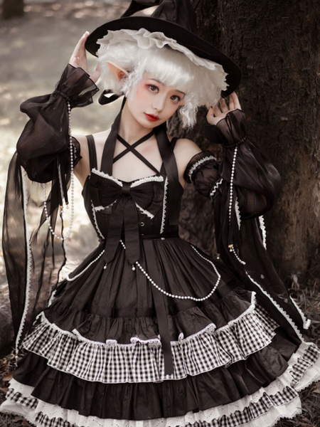 Image of Gothic Lolita Abiti Ruffles Fiocchi Plaid Nero