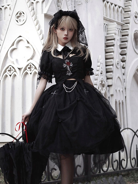 Image of Steampunk Lolita Outfit Top con gonna a maniche corte con volant in pizzo nero